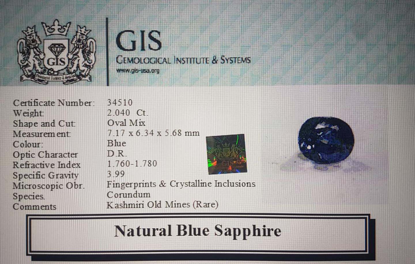 Blue Sapphire 2.03 Ct.