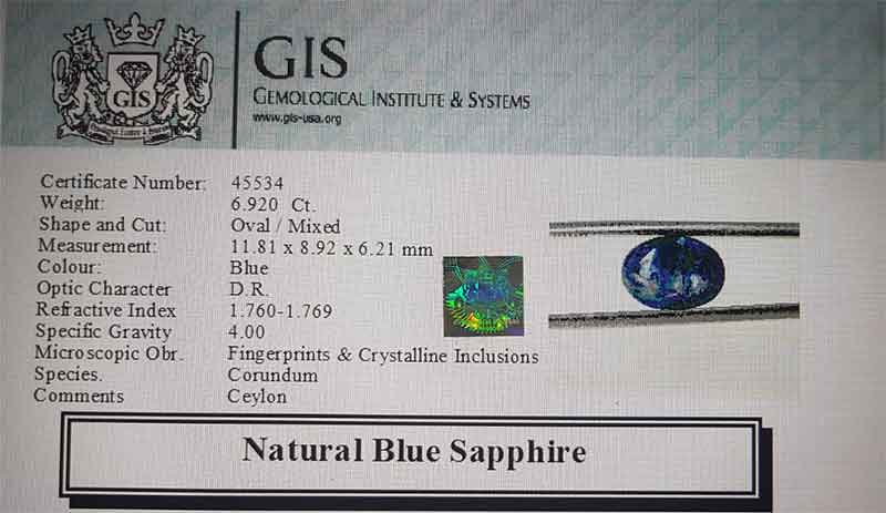 Blue Sapphire 6.92 Ct.