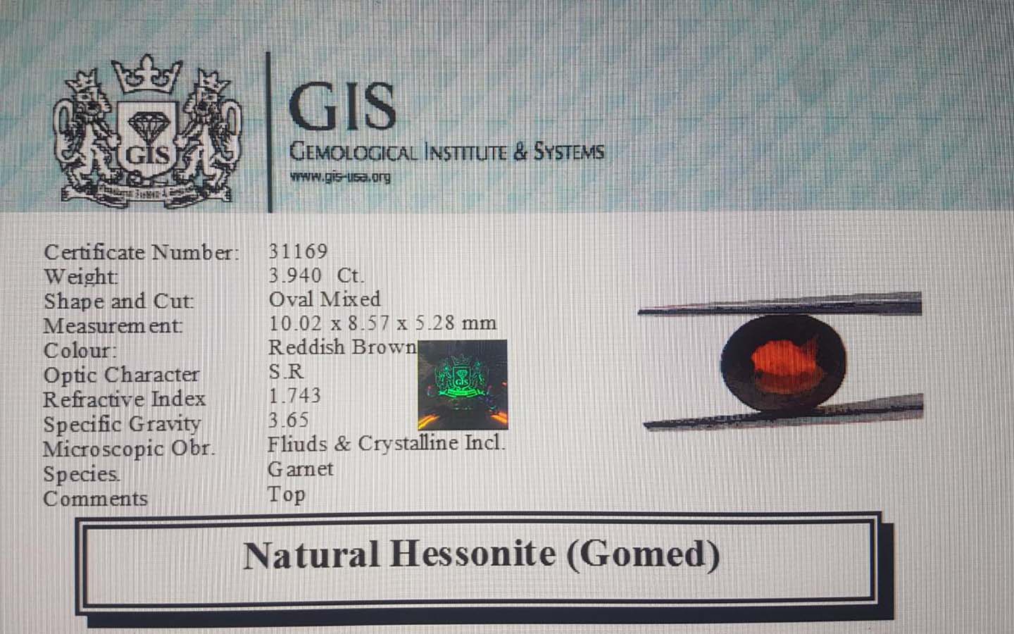 GMD3945 4 Hessonite (Gomed) 3.94 Ct.