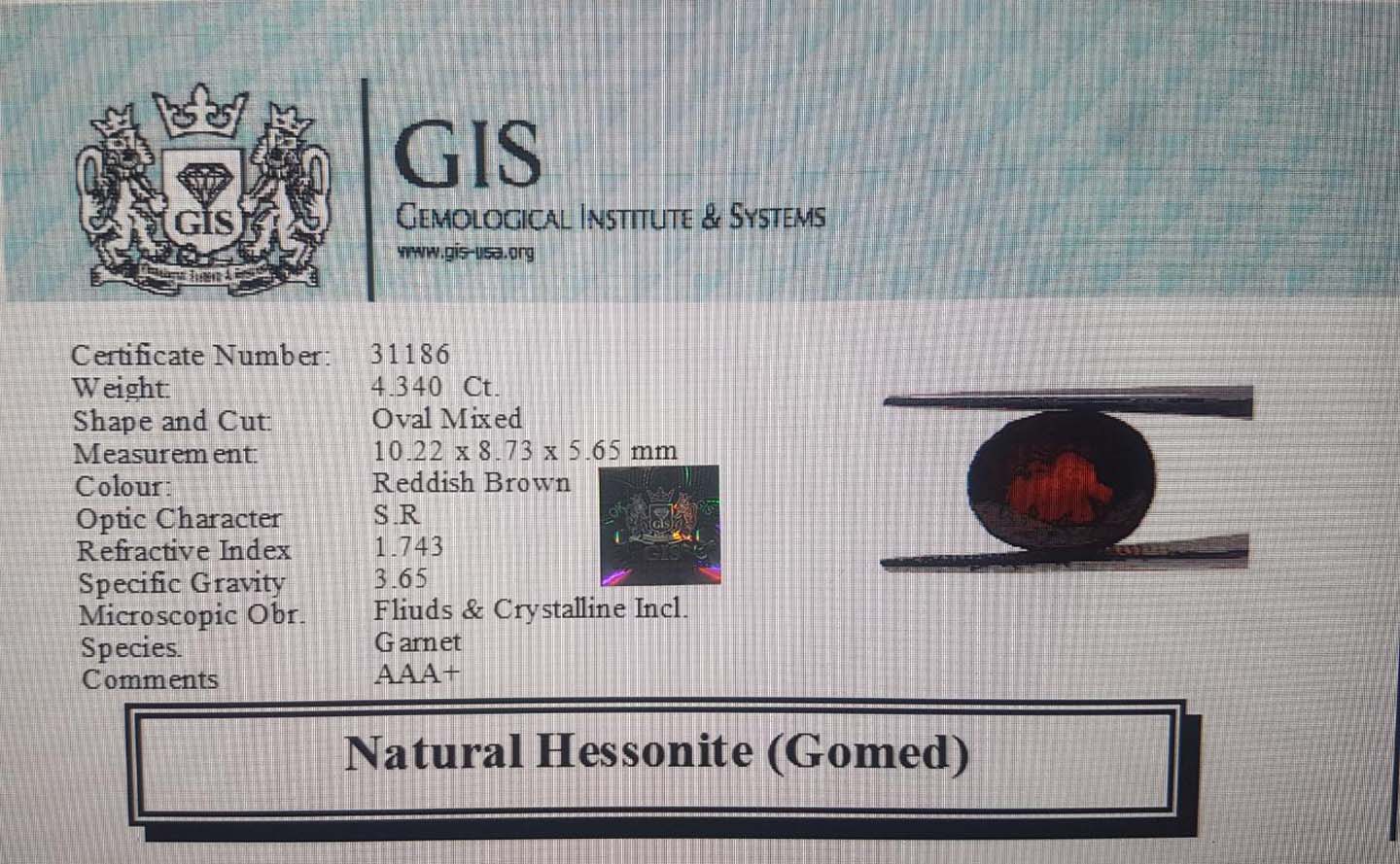 GMD3962 4 Hessonite (Gomed) 4.34 Ct.