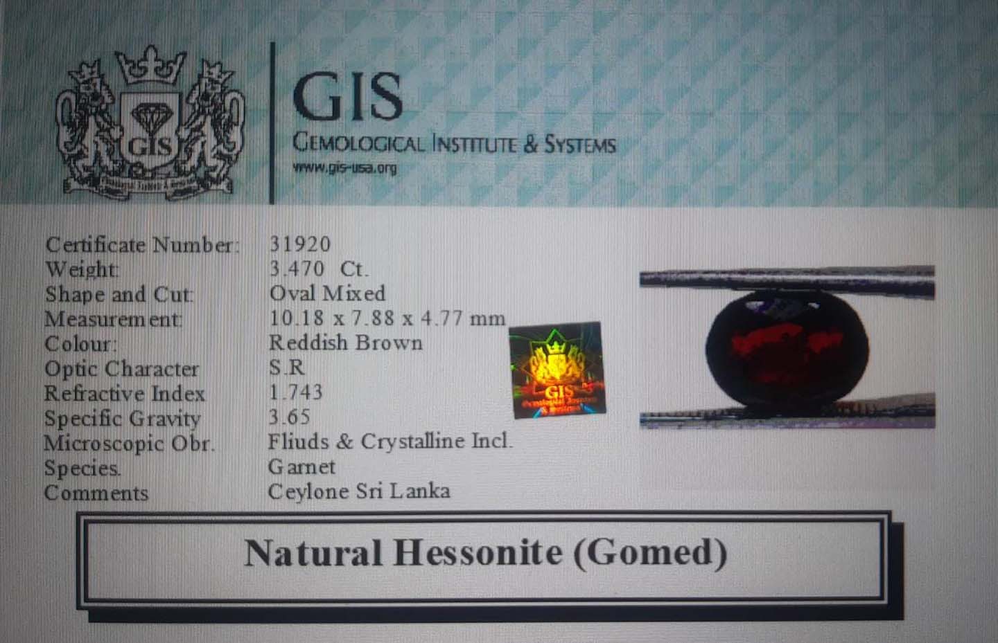 GMD4309 4 Hessonite (Gomed) 3.47 Ct.