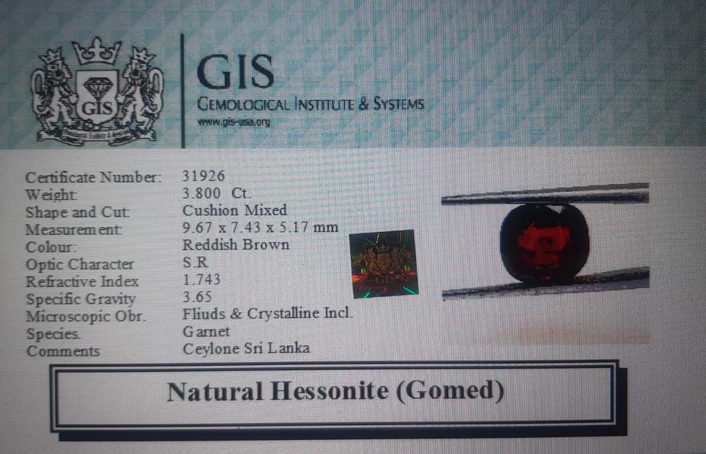 GMD4315 4 Hessonite (Gomed) 3.8 Ct.