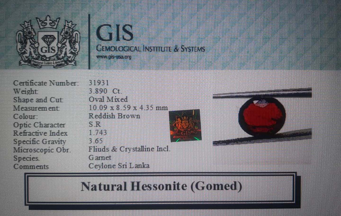 GMD4320 4 Hessonite (Gomed) 3.89 Ct.