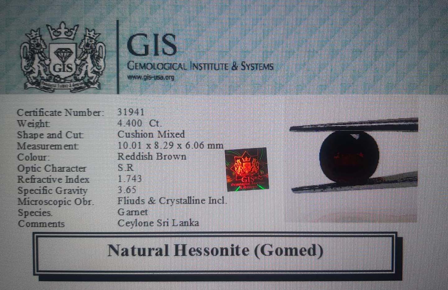 GMD4330 4 Hessonite (Gomed) 4.4 Ct.