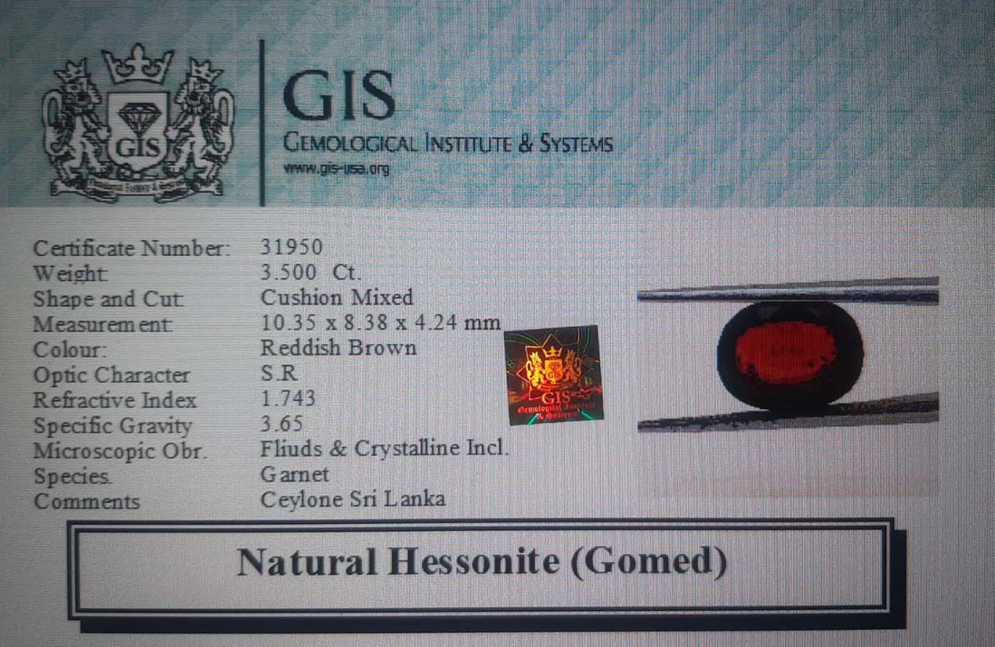 GMD4339 4 Hessonite (Gomed) 3.5 Ct.