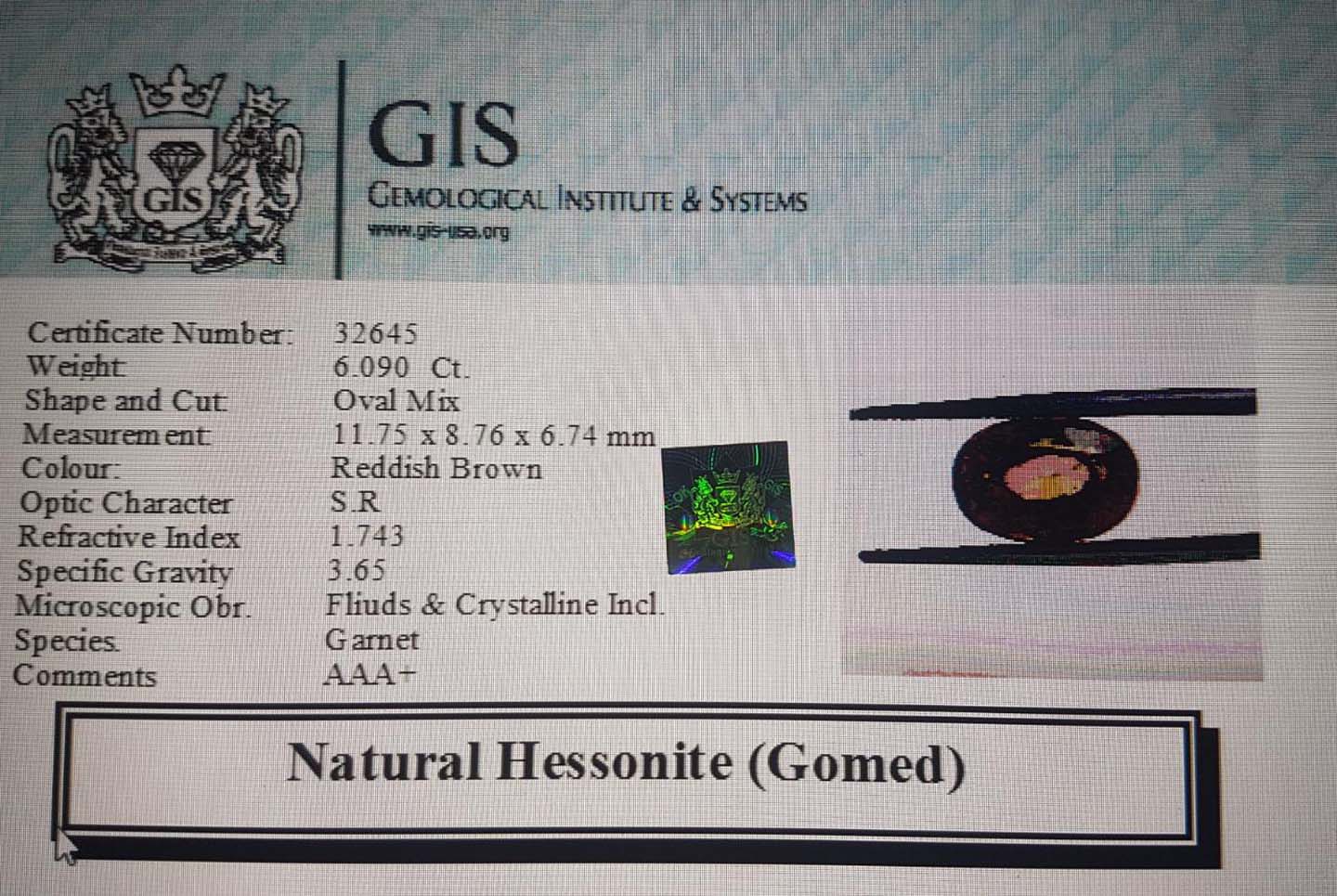 Hessonite (Gomed) 6.09 Ct. 5 GMD4444 4 Hessonite (Gomed) 6.09 Ct.