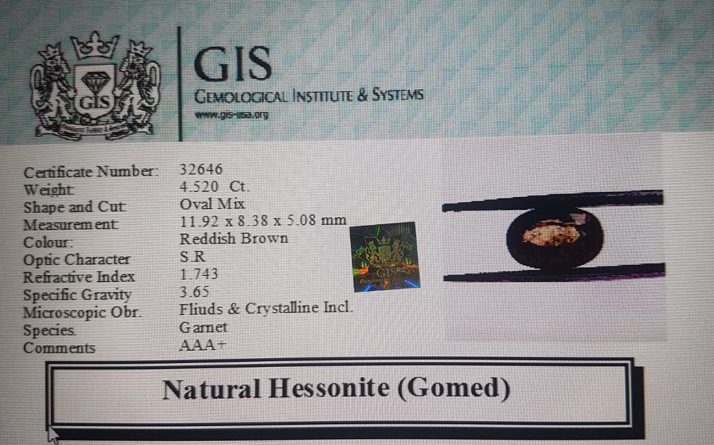 GMD4445 4 Hessonite (Gomed) 4.52 Ct.