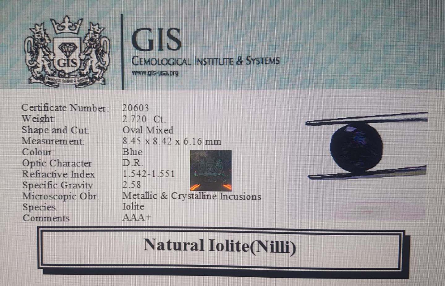 NIL906 4 Iolite(Nilli) 2.72 Ct.