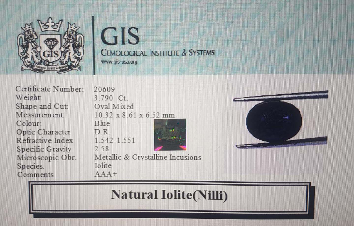 NIL912 4 Iolite(Nilli) 3.79 Ct.