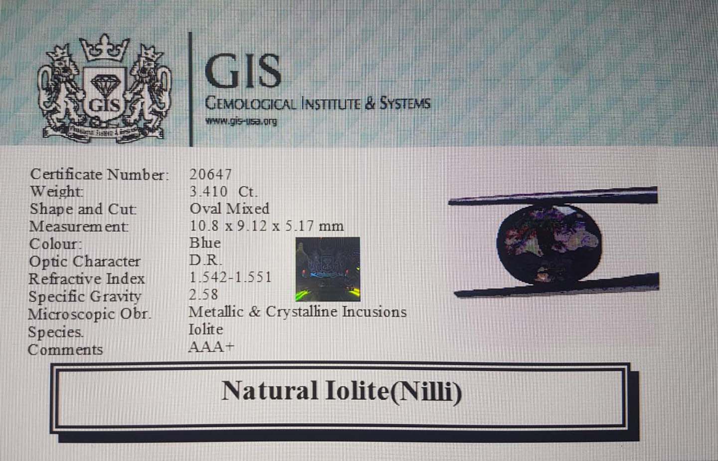 NIL950 4 Iolite(Nilli) 3.41 Ct.