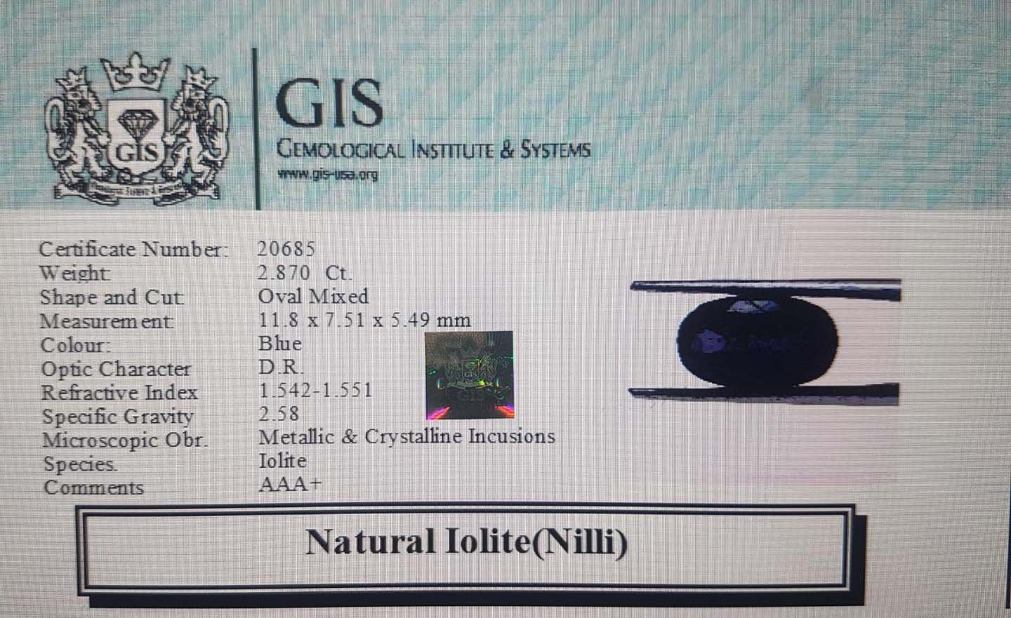 NIL988 4 Iolite(Nilli) 2.87 Ct.