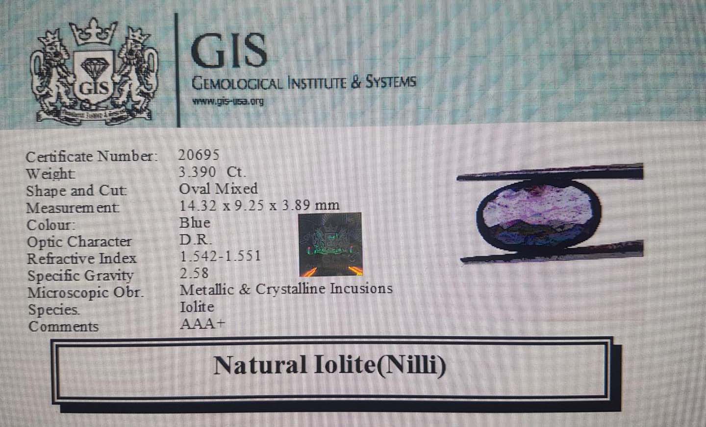 Iolite(Nilli) 3.39 Ct.