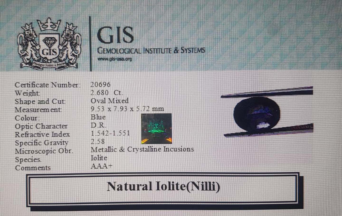 NIL999 4 Iolite(Nilli) 2.68 Ct.