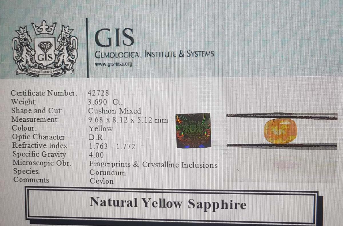 YSP8552 4 Yellow Sapphire 3.69 Ct.