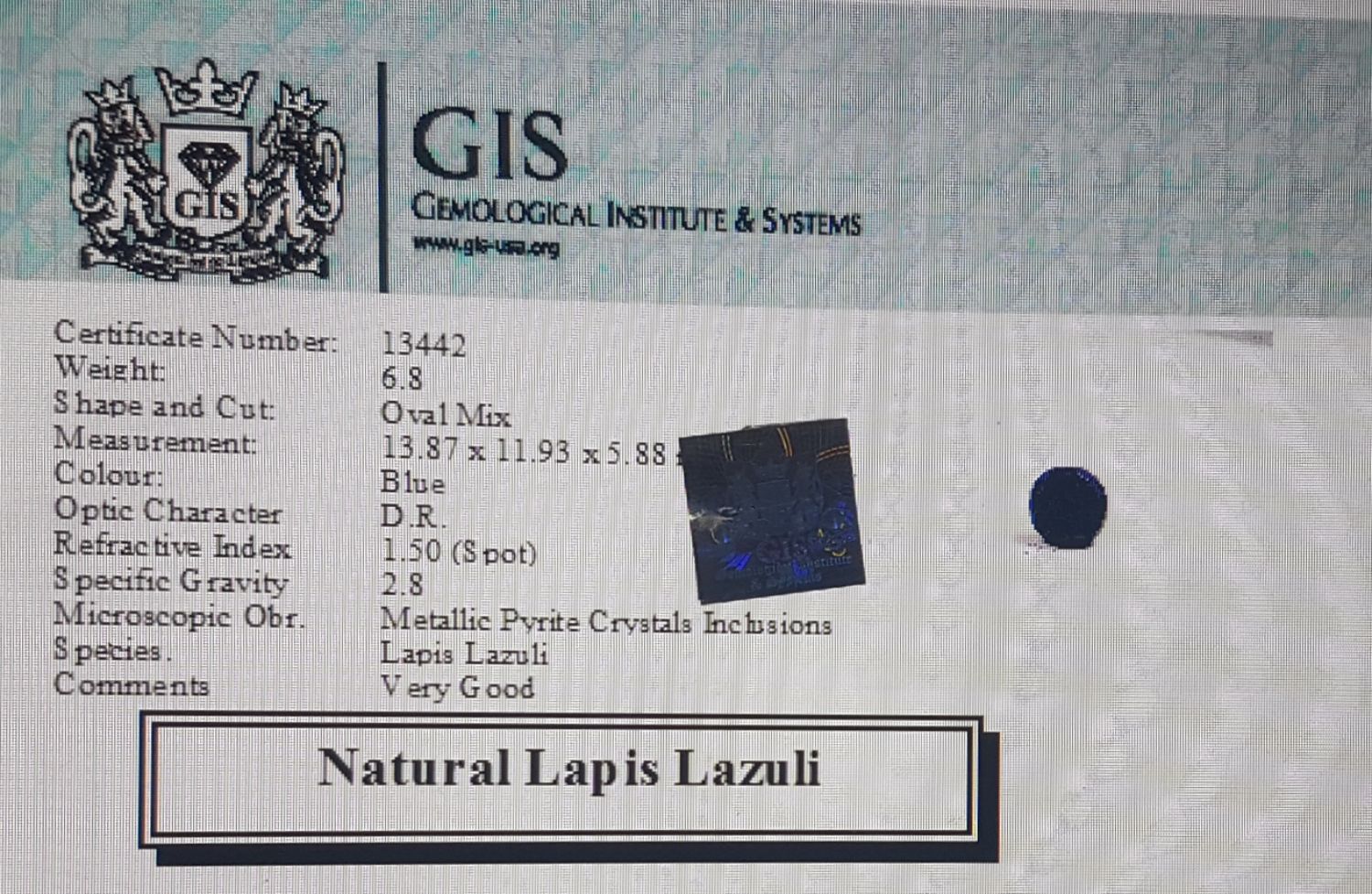 Lapis Lazuli 6.8 Ct.
