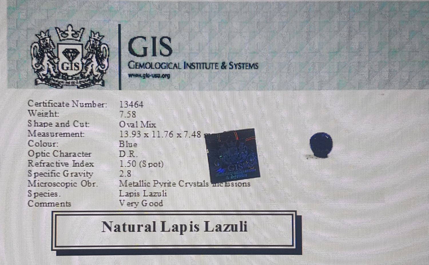 Lapis Lazuli 7.58 Ct.