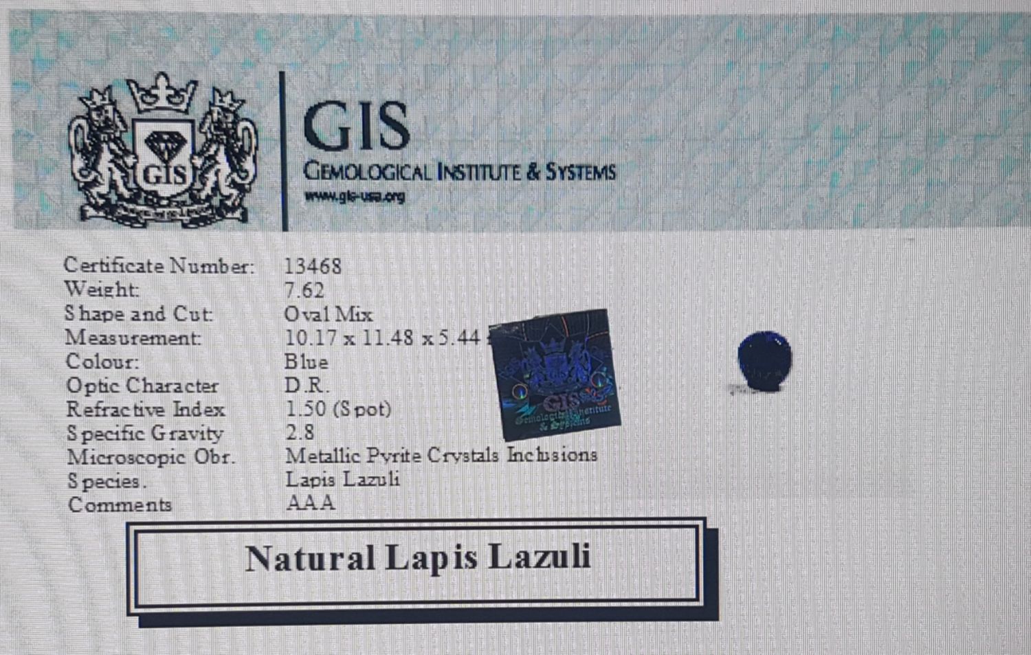 Lapis Lazuli 7.62 Ct.