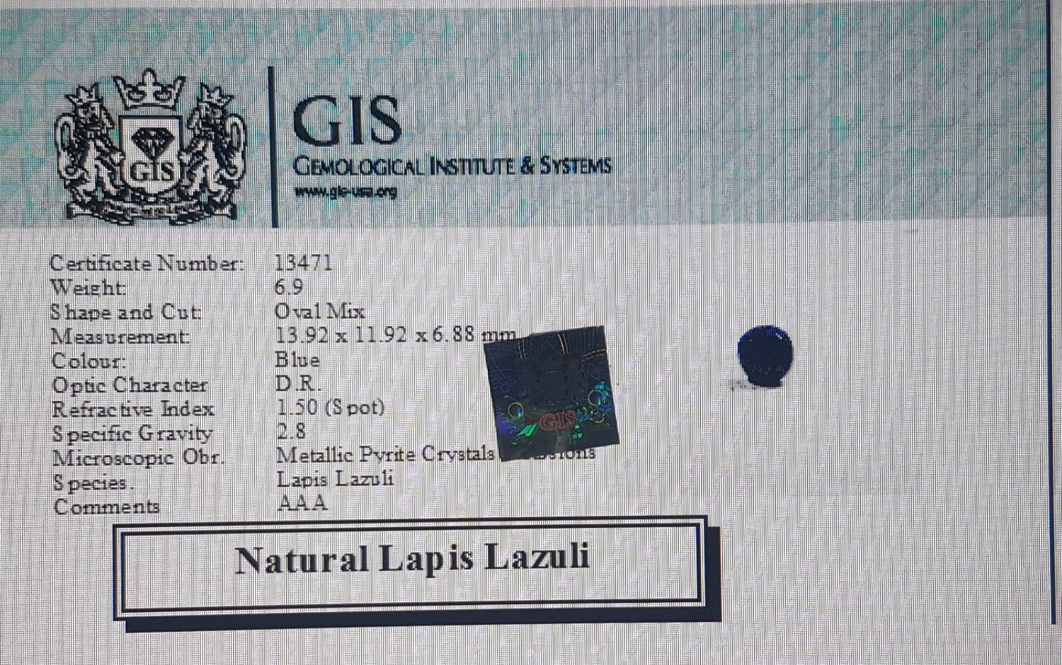 Lapis Lazuli 6.9 Ct.