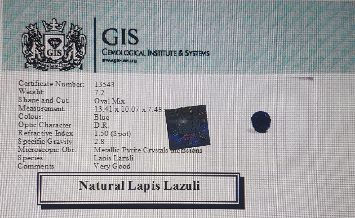 Lapis Lazuli 7.2 Ct.