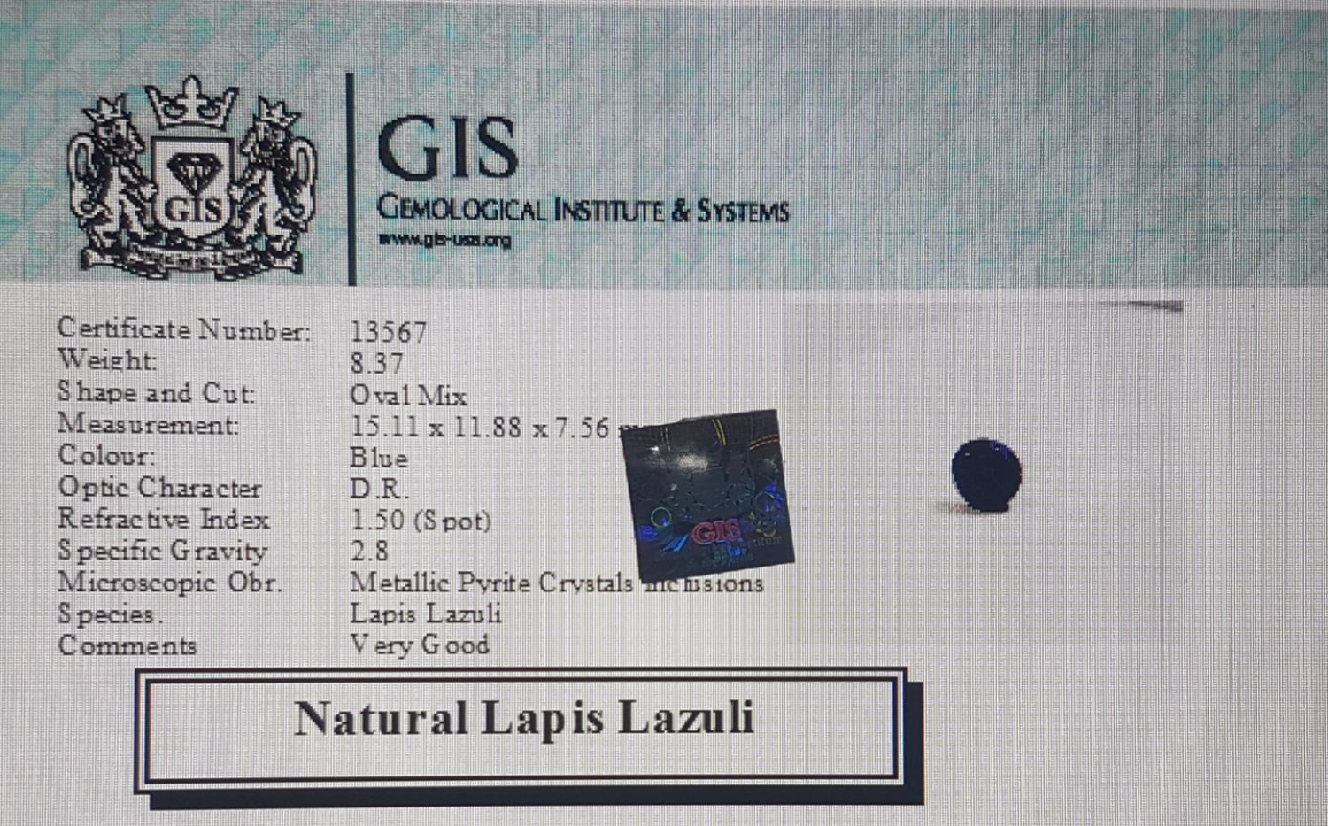 Lapis Lazuli 8.37 Ct.