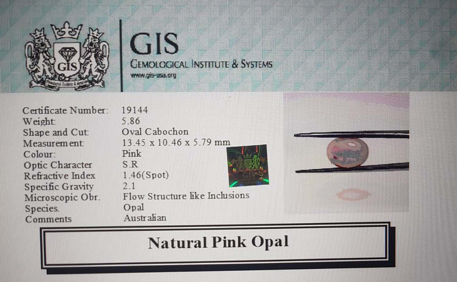 Pink Opal 5.86 Ct.