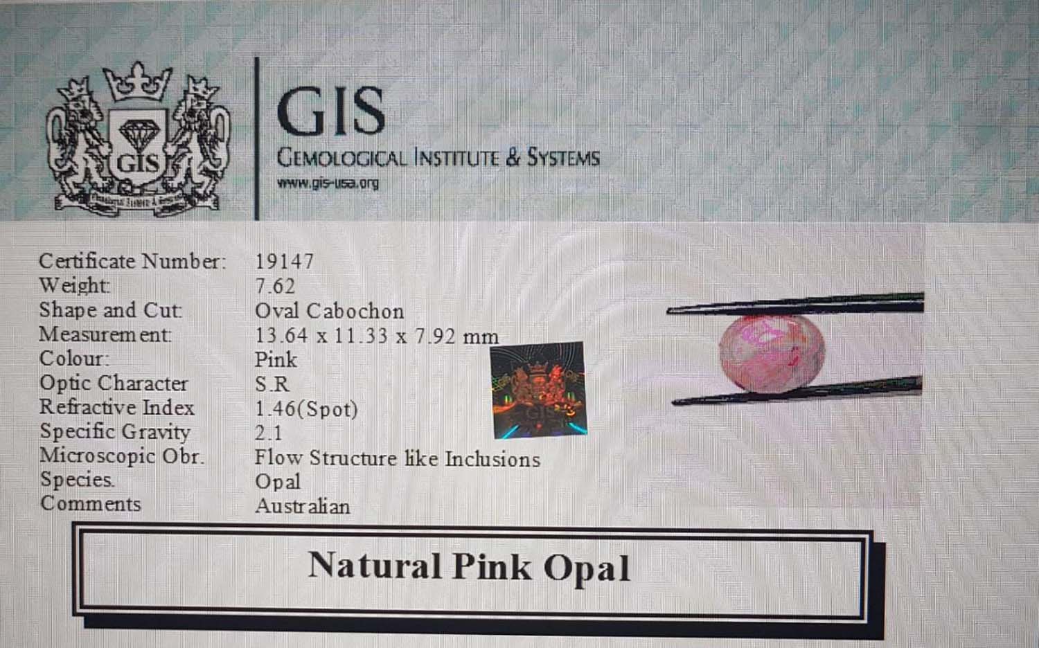 Pink Opal 7.62 Ct.