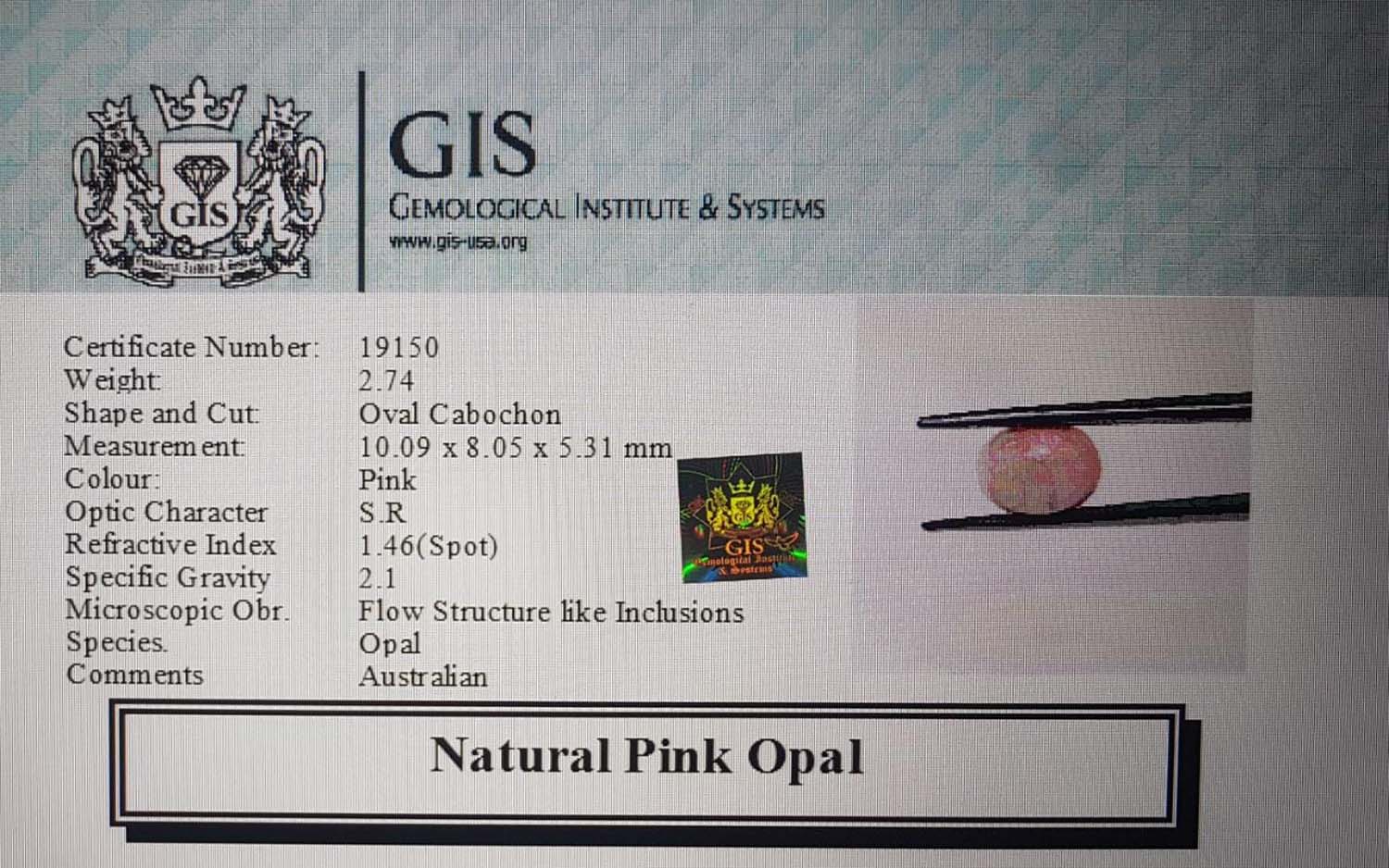 Pink Opal 2.74 Ct.