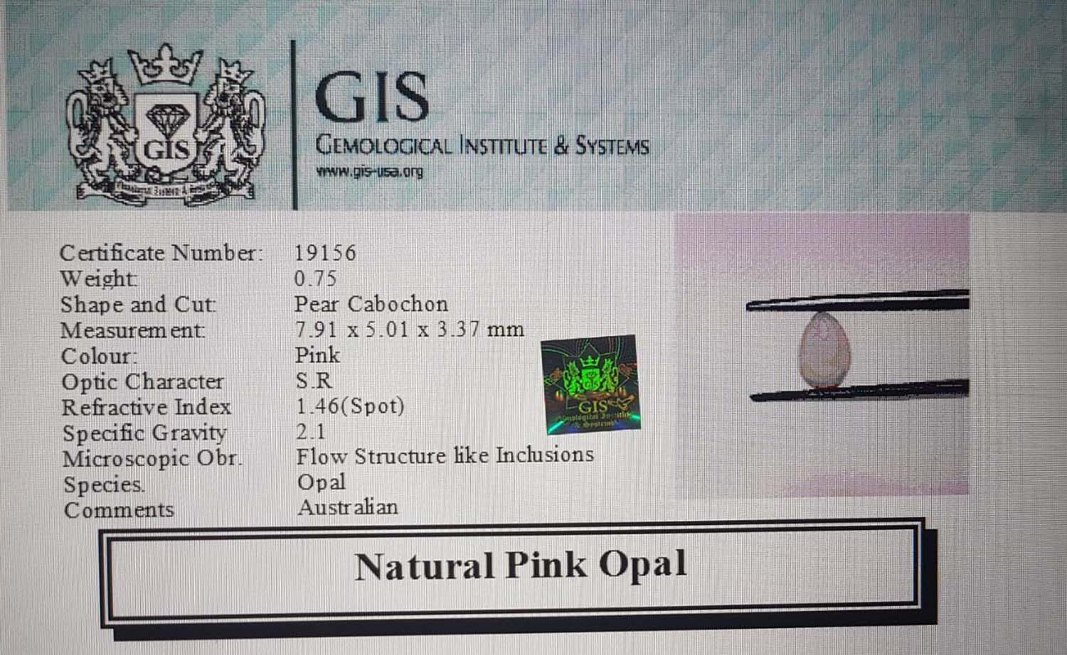 Pink Opal 0.75 Ct.