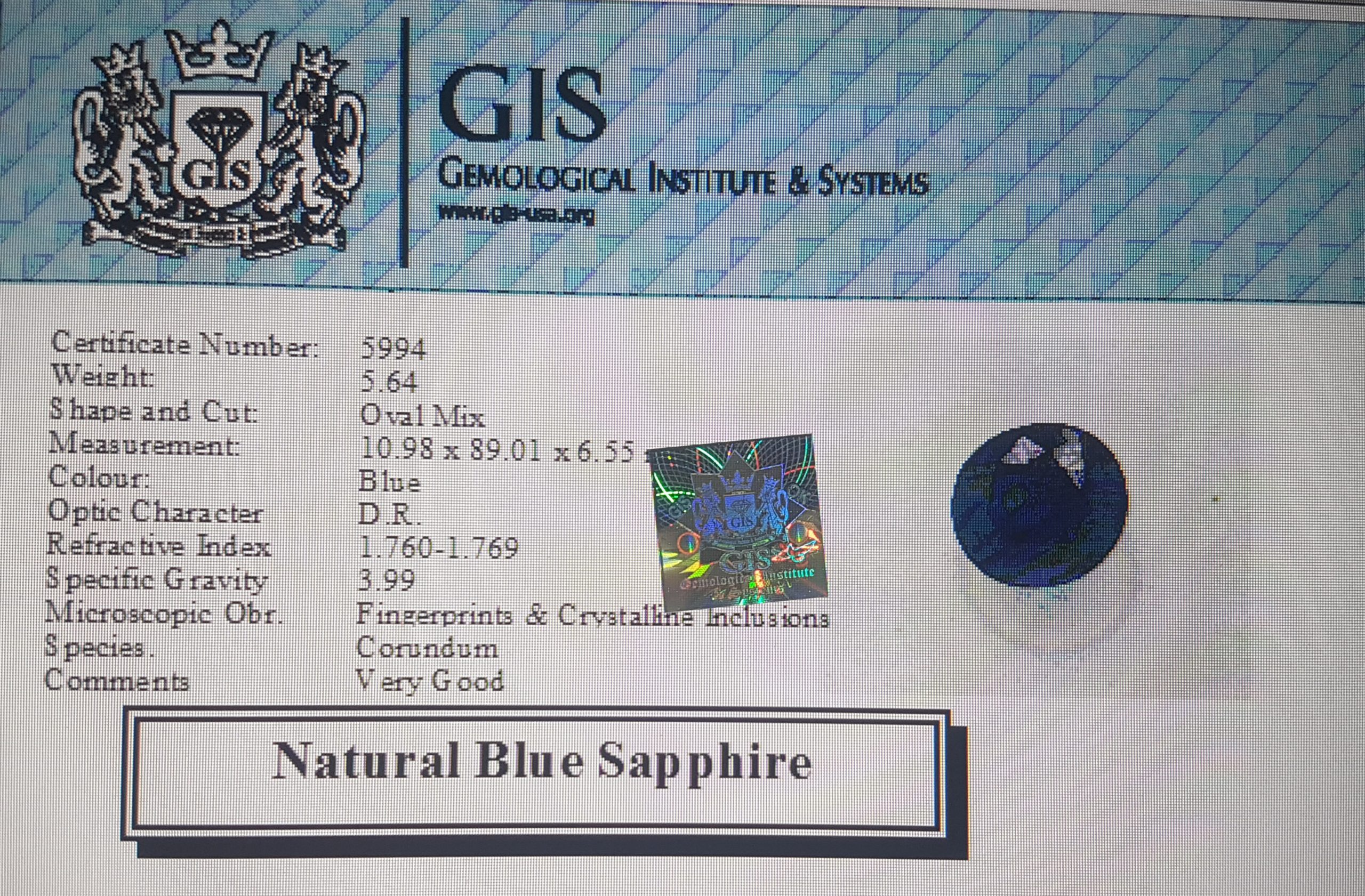Blue Sapphire 5.64 Ct.