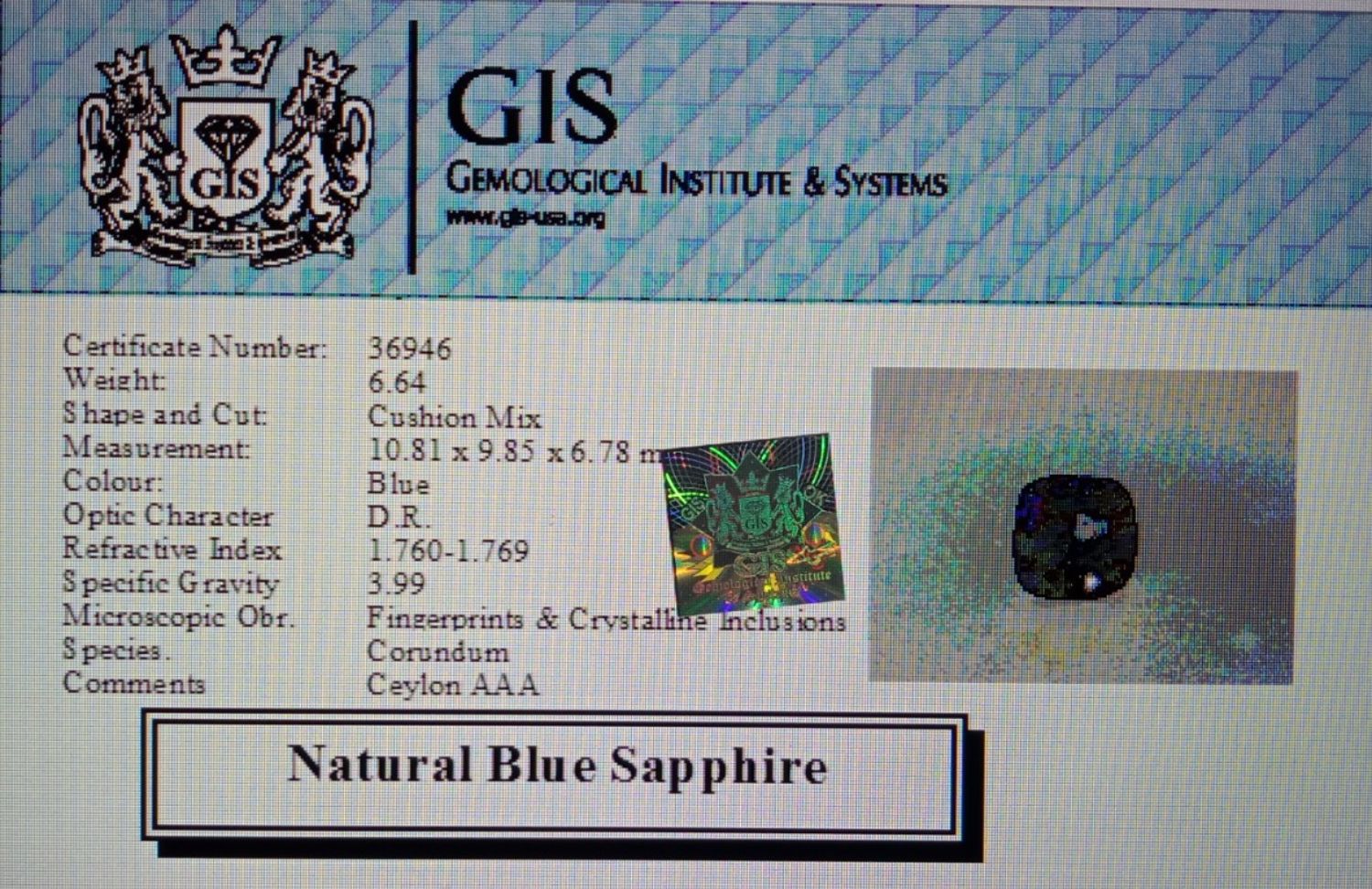 Blue Sapphire 6.64 Ct.