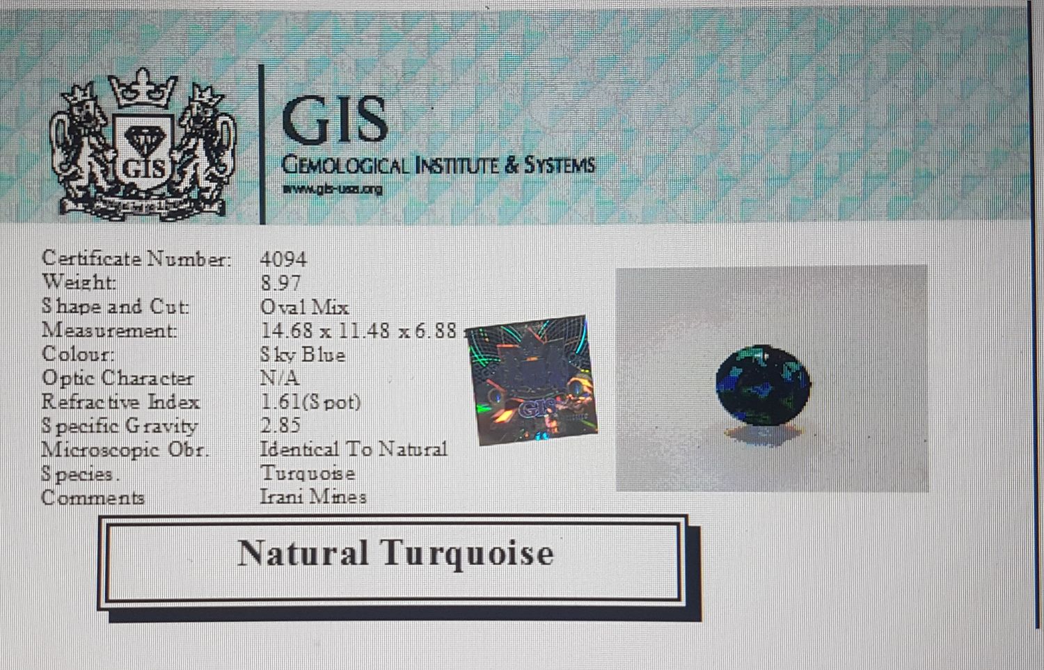 Turquoise (Irani) 8.97 Ct.