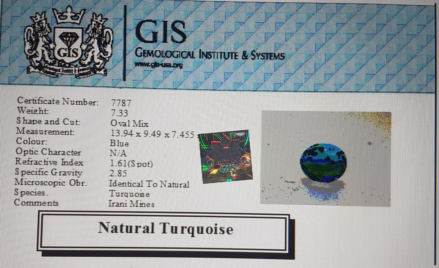 TUR374 4 1 1 Turquoise (Irani) 7.33 Ct.