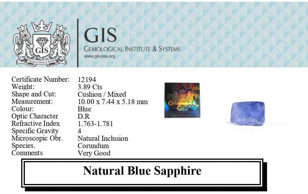 BLUE SAPPHIRE 3.89 Ct.