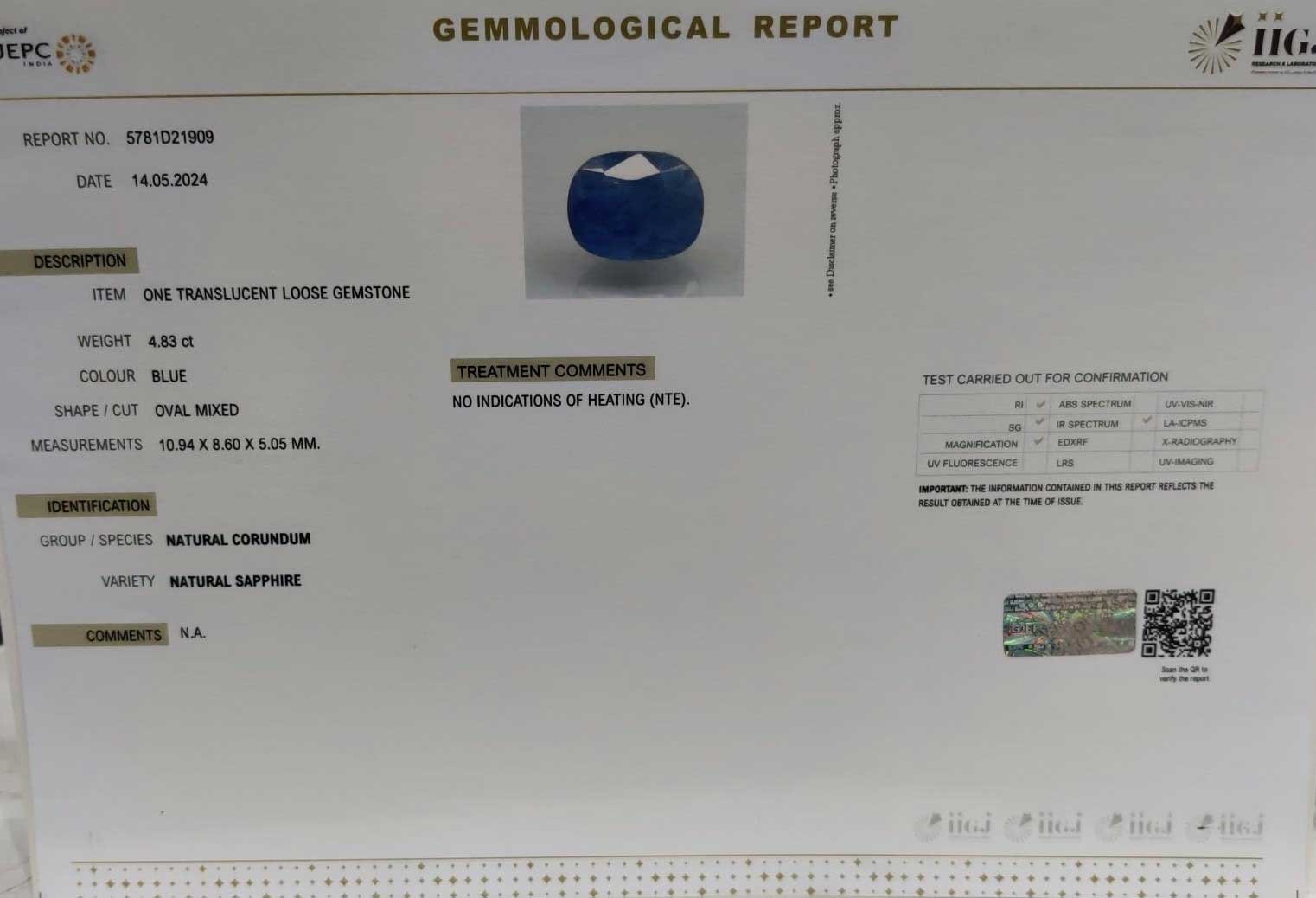 BSP12986 5 1 BLUE SAPPHIRE 4.83 Ct.