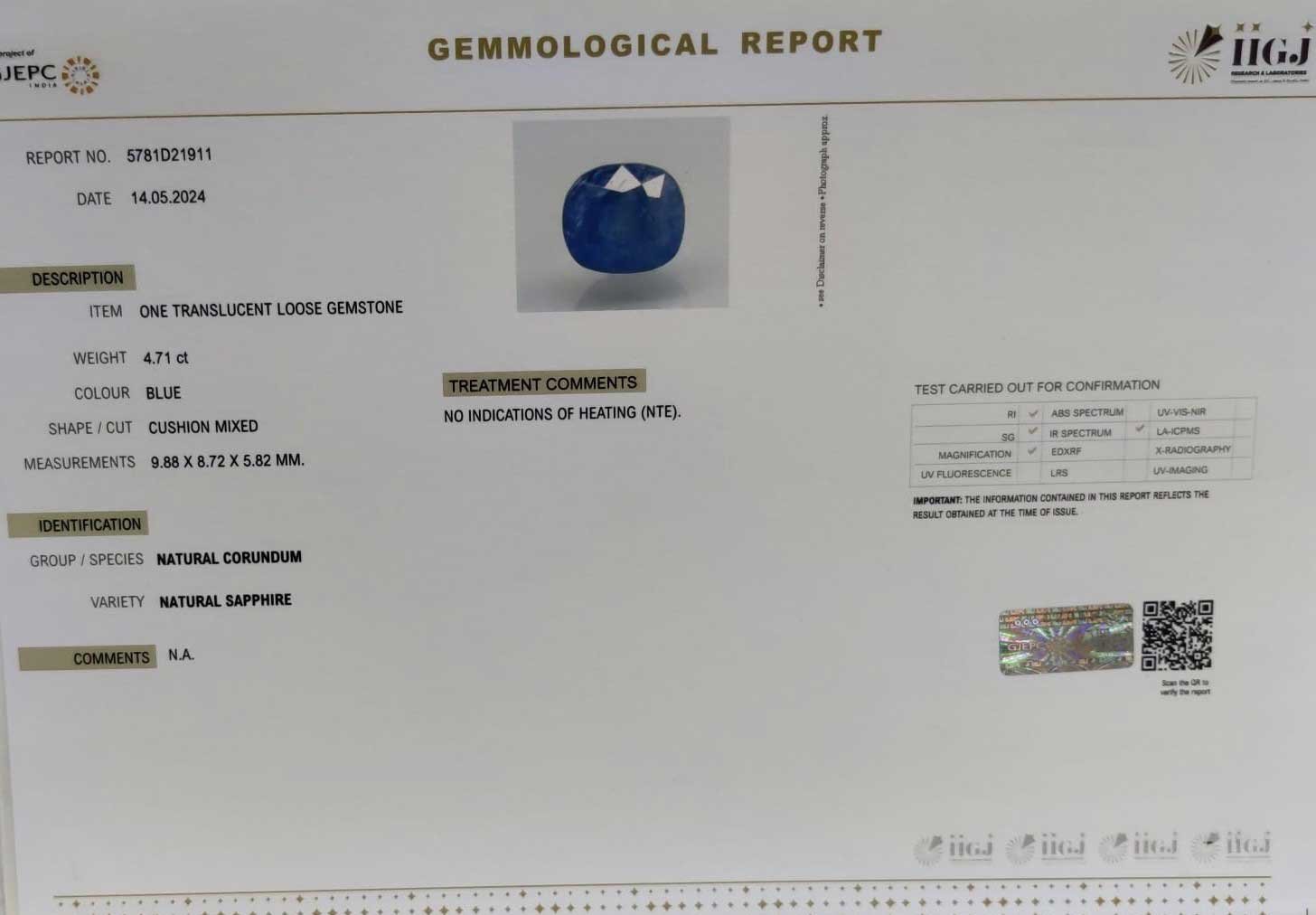 BSP12988 5 1 BLUE SAPPHIRE 4.71 Ct.