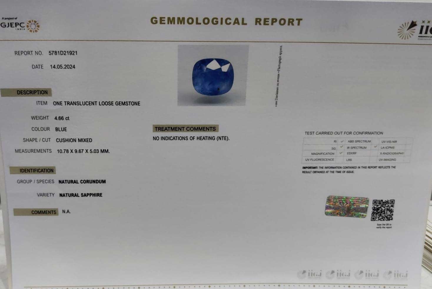 BLUE SAPPHIRE 4.66 Ct.