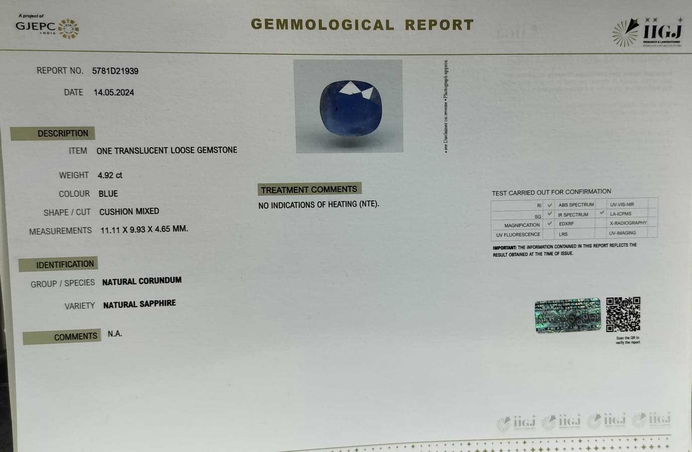 BSP13015 5 1 BLUE SAPPHIRE 4.92 Ct.