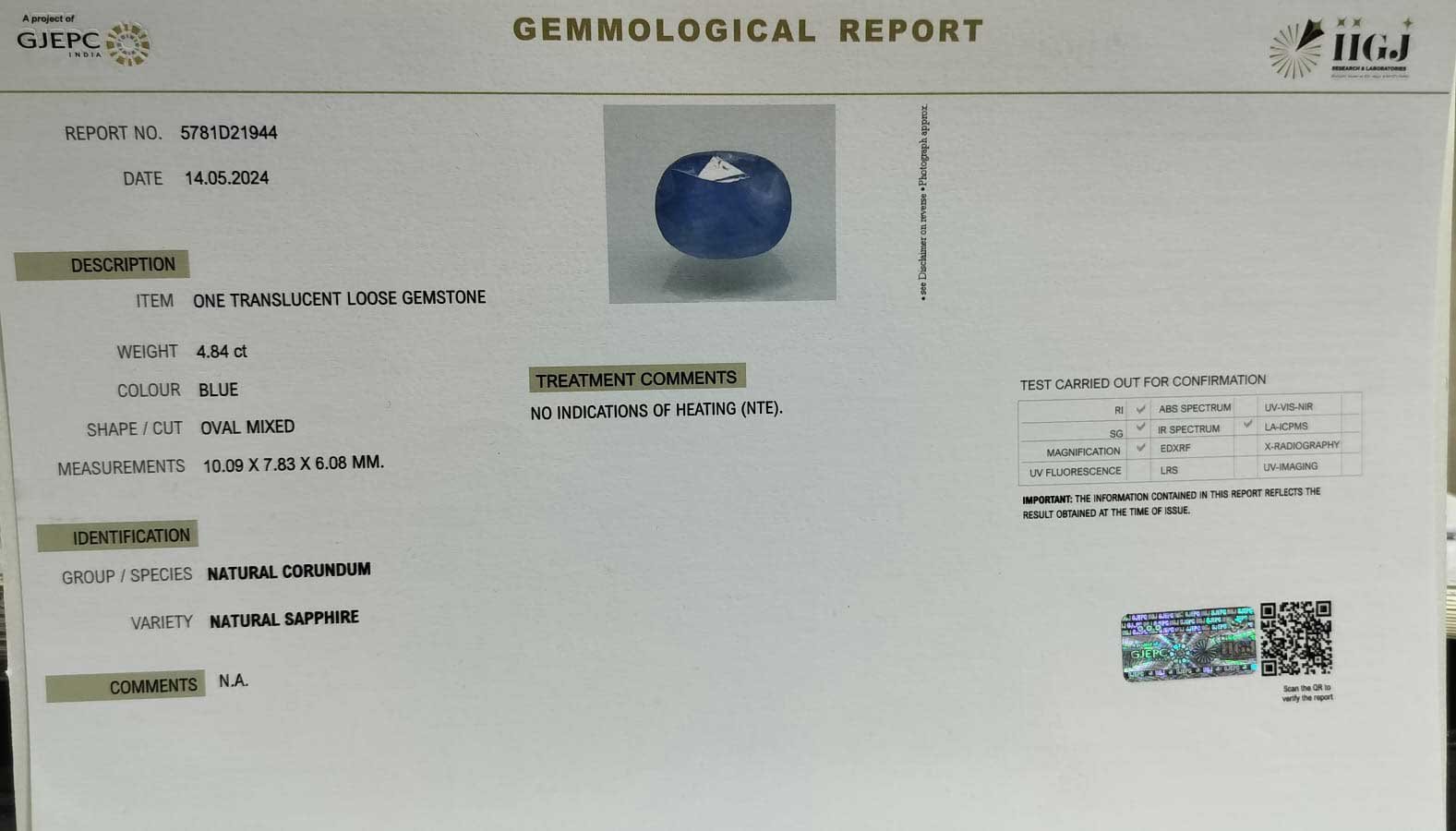 BLUE SAPPHIRE 4.84 Ct.