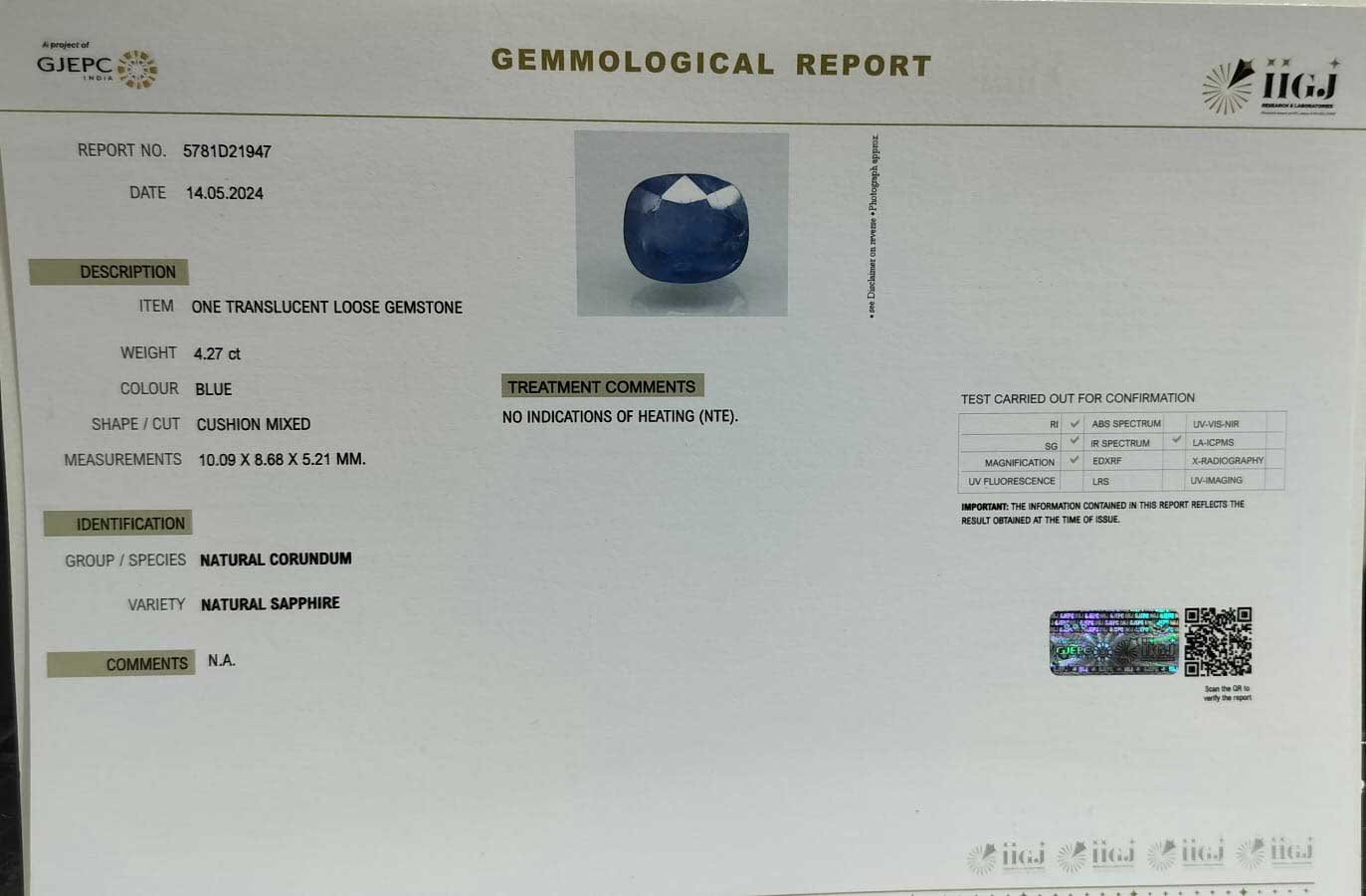 BSP13023 5 1 BLUE SAPPHIRE 4.27 Ct.