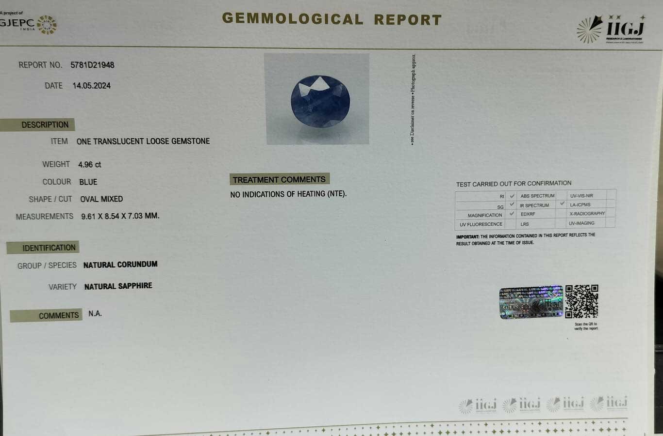 BSP13024 5 1 BLUE SAPPHIRE 4.96 Ct.