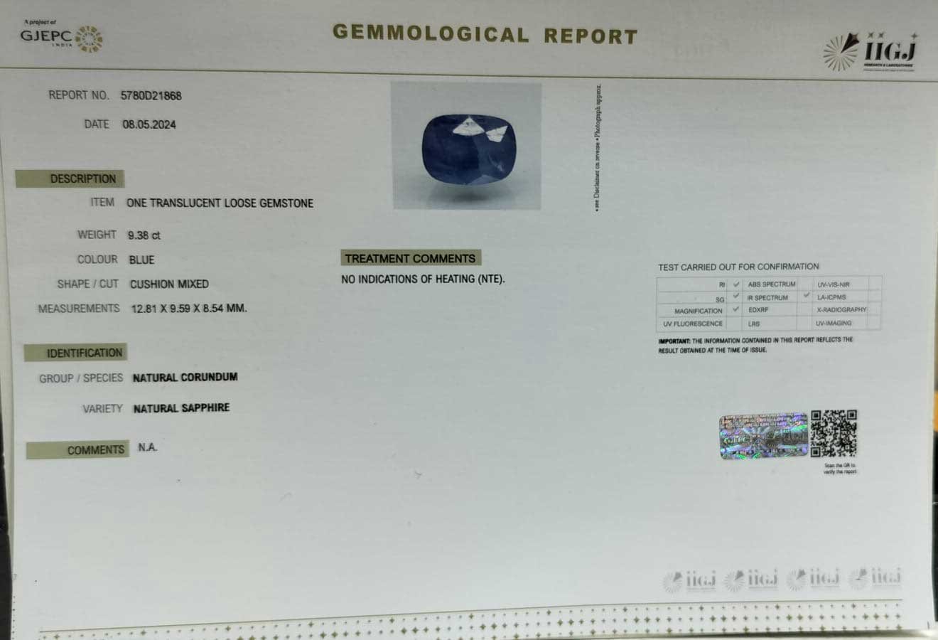 BSP13044 5 1 BLUE SAPPHIRE 9.38 Ct.