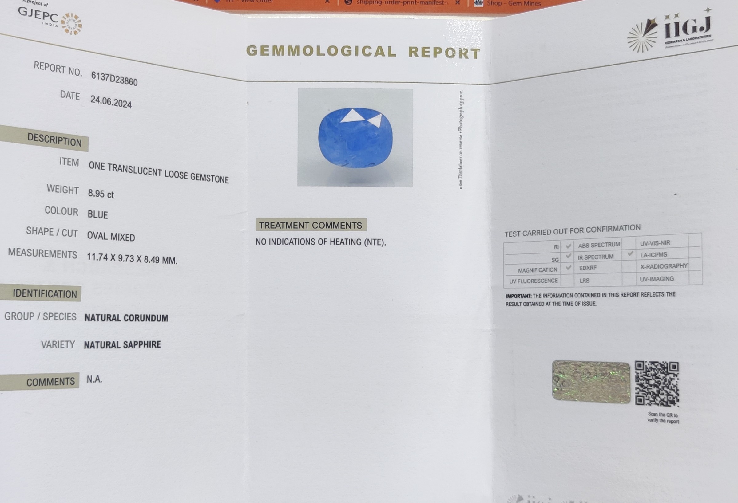 BSP13323 4 1 BLUE SAPPHIRE 8.95 Ct.