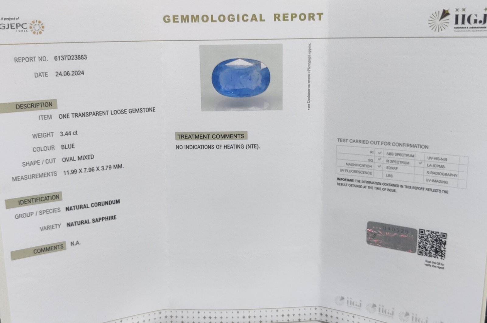 BLUE SAPPHIRE 3.44 Ct.