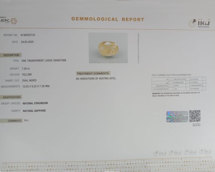 Yellow Sapphire 7.29 Ct.