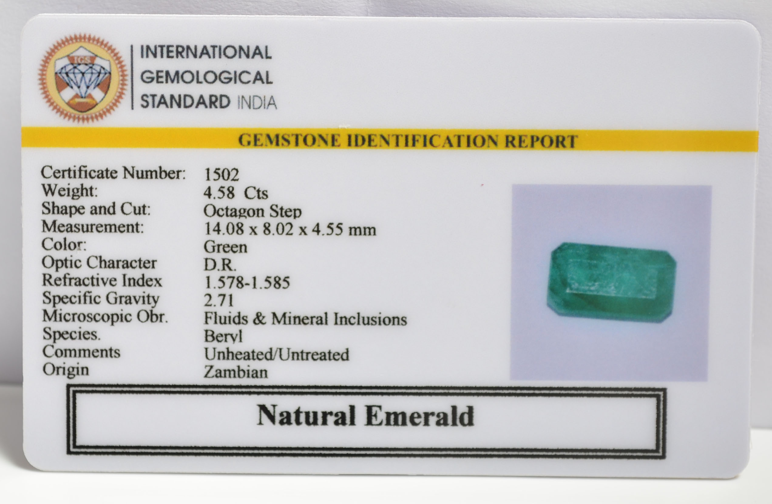 EMERALD 4.58 Ct. 3 EMRG20290 1 1 EMERALD 4.58 Ct.