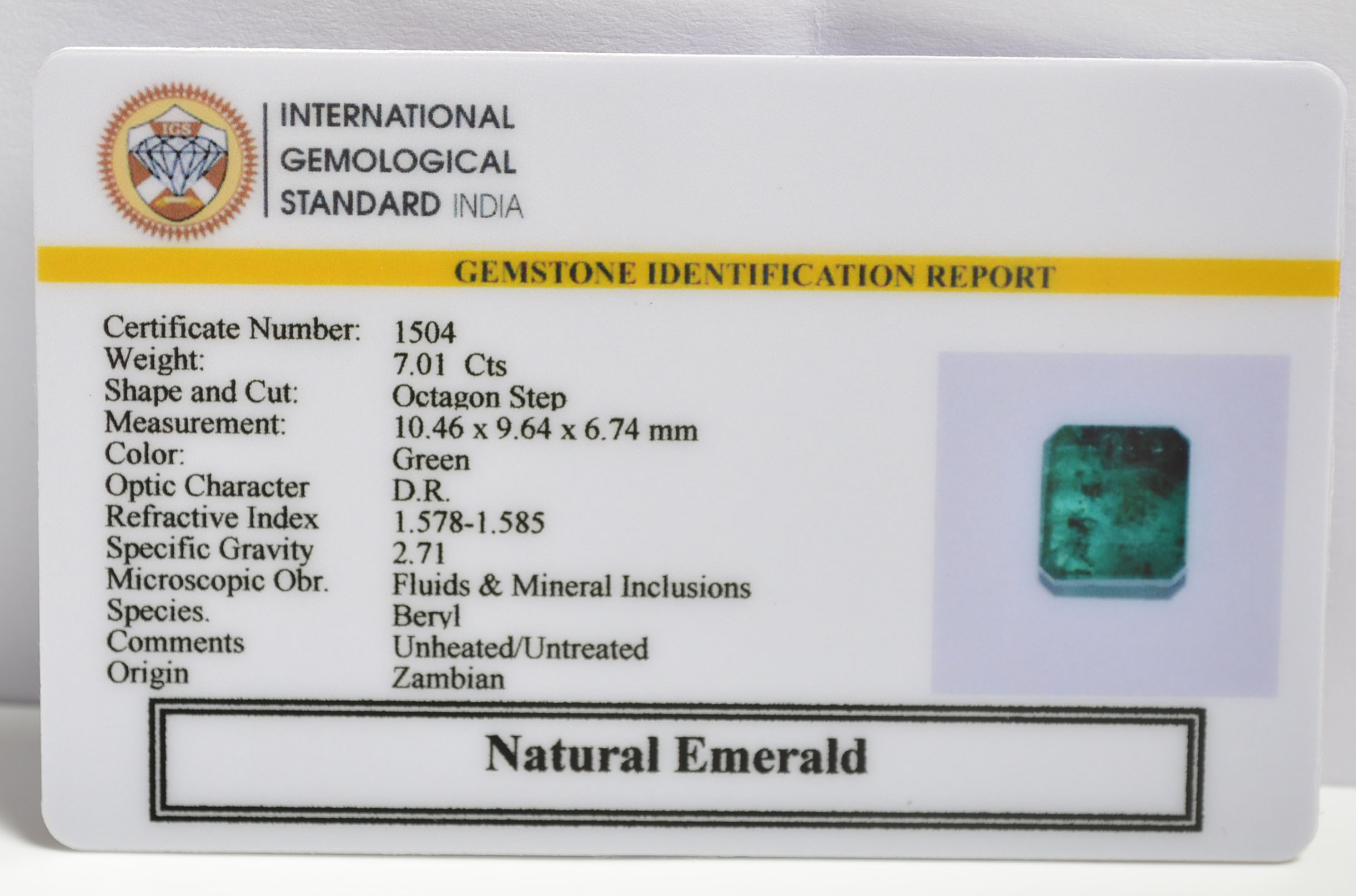 EMERALD 7.01 Ct. 3 EMRG20292 1 1 EMERALD 7.01 Ct.