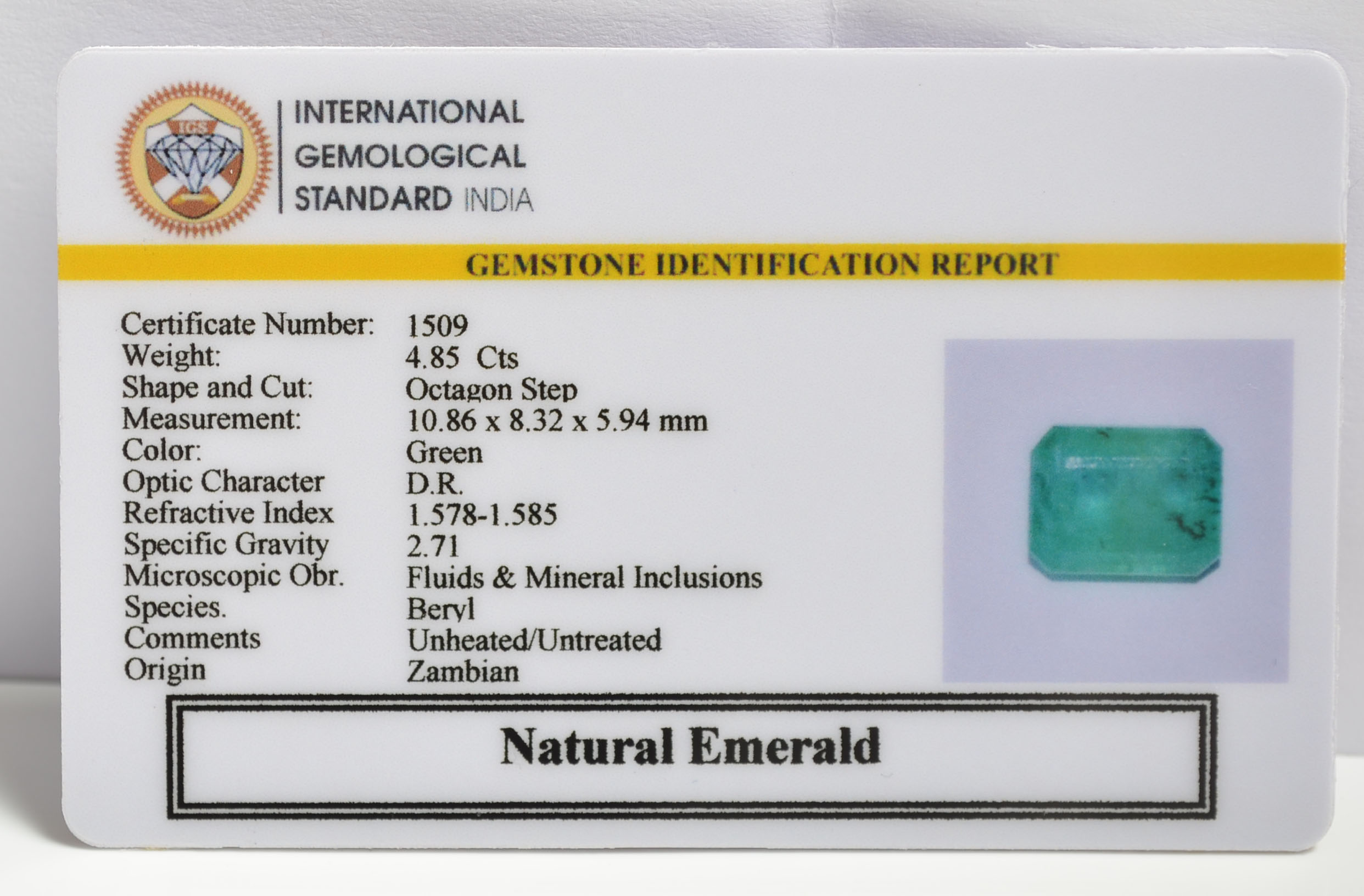 EMERALD 4.85 Ct. 3 EMRG20294 1 1 EMERALD 4.85 Ct.