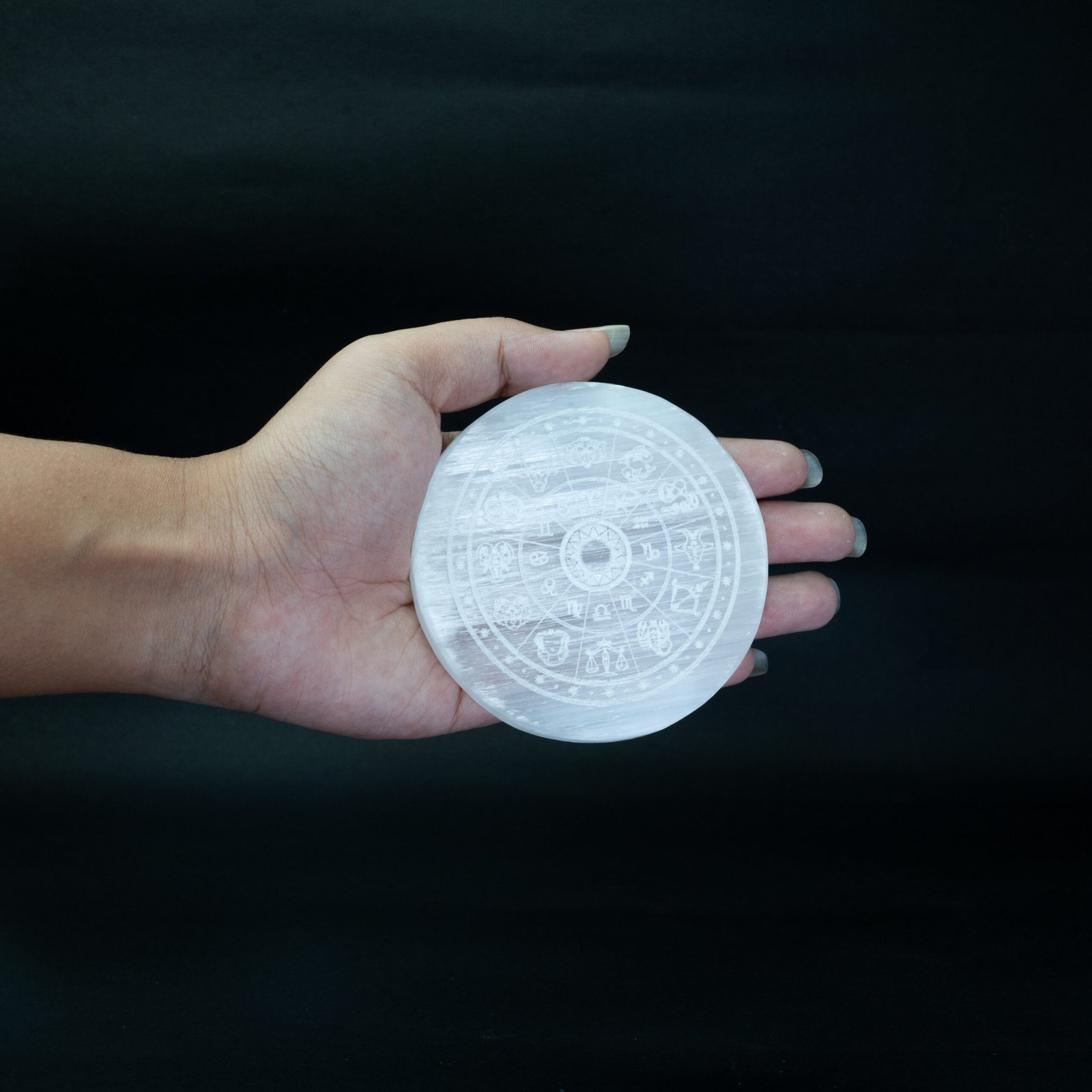 Selenite Plate Zodiac Engraved 1 scaled Selenite Plate (Zodiac Engraved)