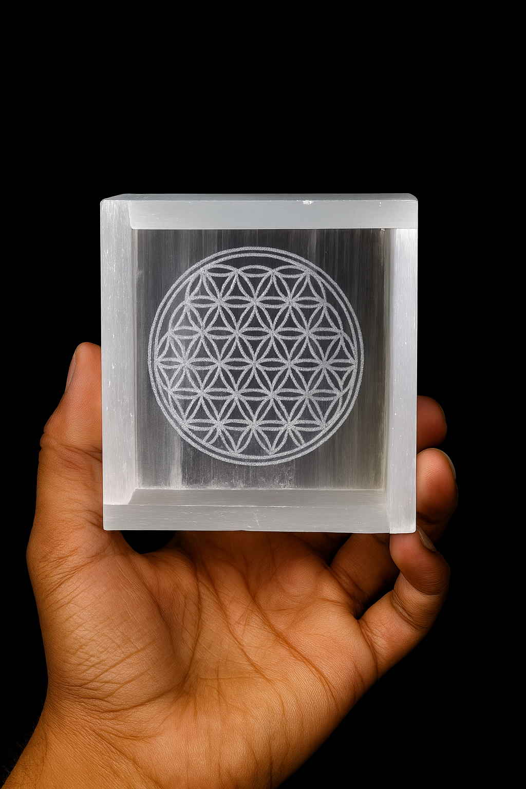Flower of Life Selenite Tray 3 Selenite Cube 6 Flower of Life Selenite Tray