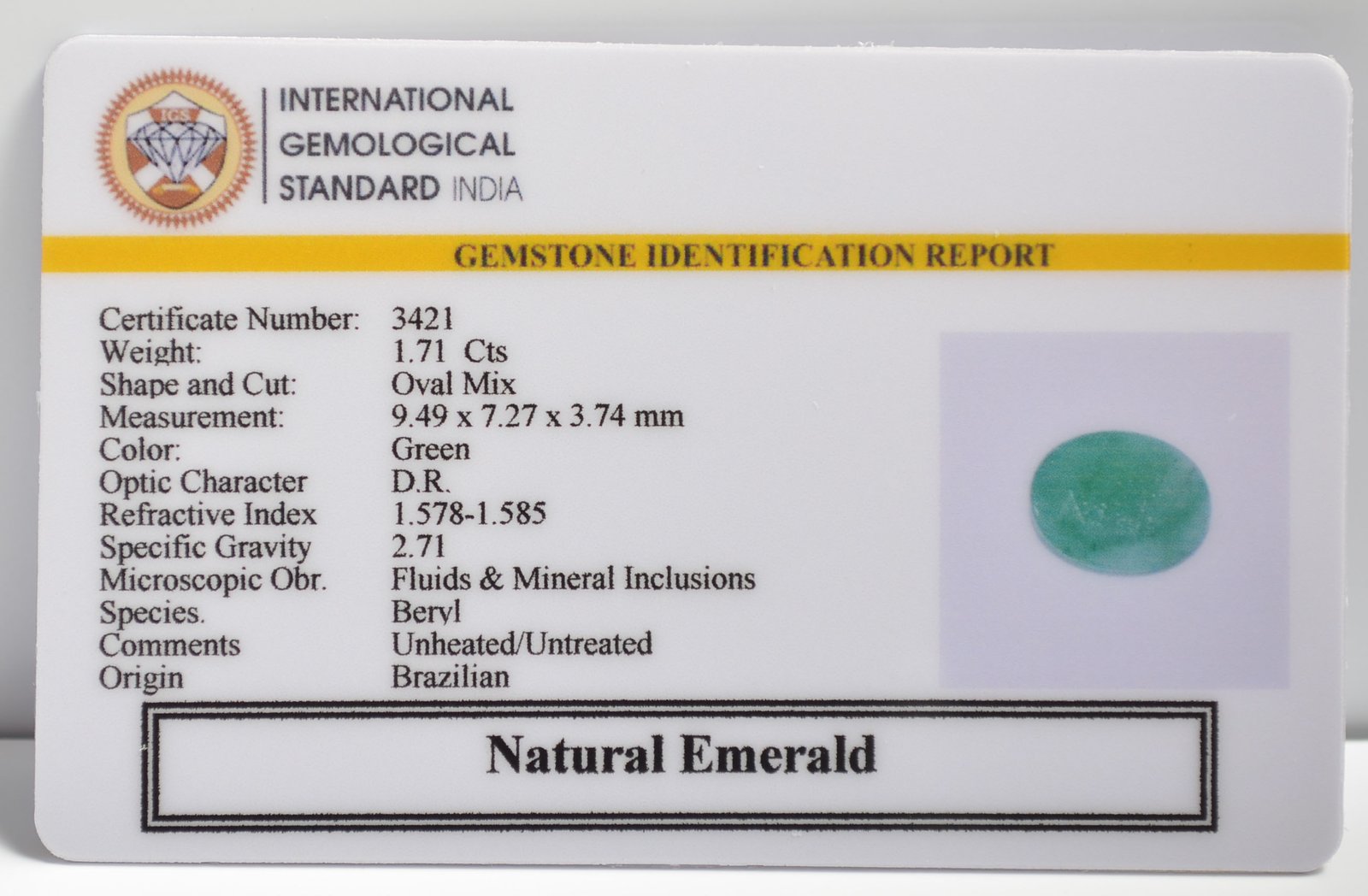 EMERALD 1.71 Ct. 3 EMRD21754 2 1 EMERALD 1.71 Ct.